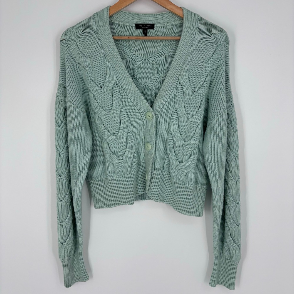 rag & bone Taylor Cotton Cashmere Cable Knit Cardigan Sweater Women M Mint Green